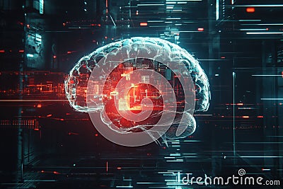 A digital brain merges with circuits and holograms, linking human thoughts and AI seamlessly. Generative AI Stock Photo