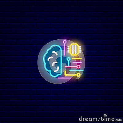 Digital brain neon icon. Microchip in the brain. Microcircuit in head. Editable stroke. Isolated vector illustration Vector Illustration