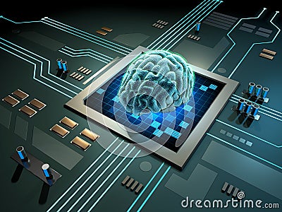 Digital brain on a printed circuits board Cartoon Illustration