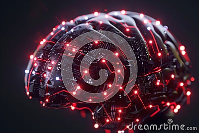 Digital brain with red network connections, representing advanced AI and neural technology. Stock Photo