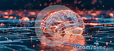 A digital brain sits on a circuit board surrounded by data points and graphs, styled like the works of M.C. Escher Stock Photo