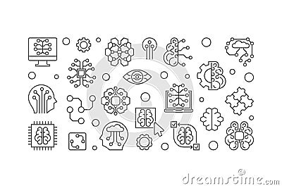 Digital Brain vector outline horizontal banner. AI illustration Vector Illustration