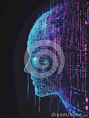 A digital brain visualization showcases intricate grids and flowing binary code, glowing in blue and purple against a Stock Photo