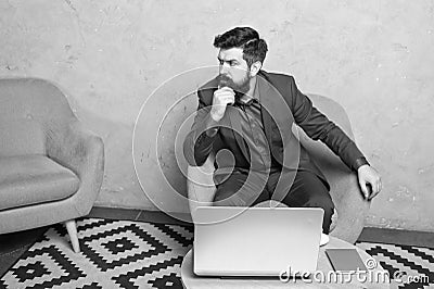 Digital business. Banker or accountant. Business correspondence. Modern businessman. Businessman work laptop. Responding Stock Photo