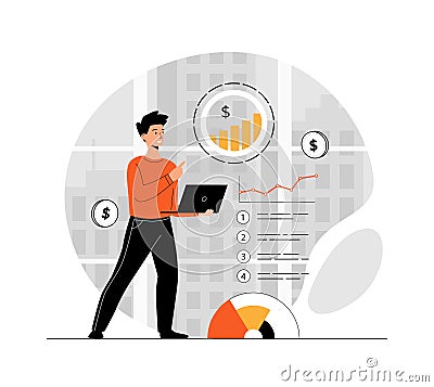 Digital business concept. Man analyze virtual data. Management, creating development strategy and invests. Illustration Vector Illustration
