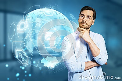 digital business globe hologram on background. Global technology, finance and web safety concept Stock Photo