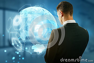 digital business globe hologram on background. Global technology, finance and web safety concept Stock Photo