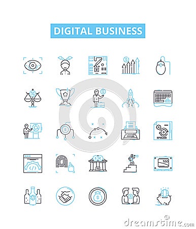 Digital business vector line icons set. Digital, Business, Ecommerce, Marketing, Advertising, Online, Retail Cartoon Illustration