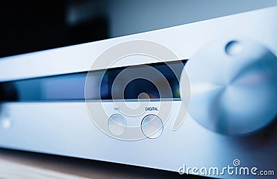Digital Button and SRC Source on Preamplifier in Audiophile Room Stock Photo