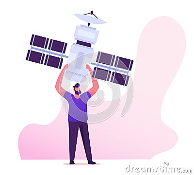 Digital Cable Communication Network Concept. Man Holding Satellite in Hands above Head. Wireless Mobile Connection Vector Illustration