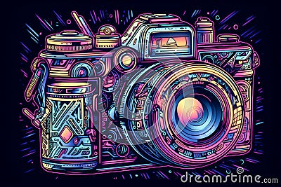 Digital camera illustrated in a vibrant, colorful, cartoon abstraction with neon art elements and a simplistic design - Stock Photo
