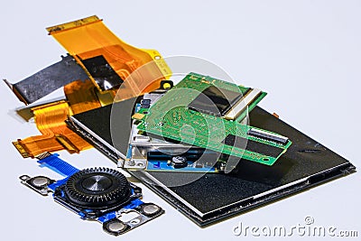 Digital camera replacement parts, display, control cursor, chips, and cables Stock Photo