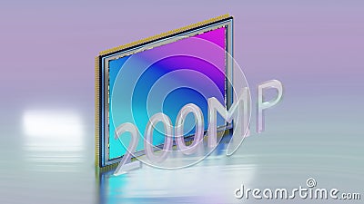 Digital camera sensor on edge with 200 megapixel 3D text, 3D rendering, huge modern digital matrix, technology Stock Photo