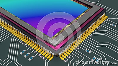 Digital camera sensor on printed circuit board, crop close-up, 3D rendering Stock Photo