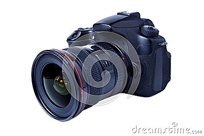 Digital camera with zoom lense on white background Stock Photo