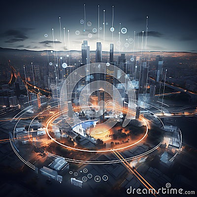 A digital canvas showing a smart city alive with interactive nodes, symbolizing a networked, responsive urban environment Stock Photo