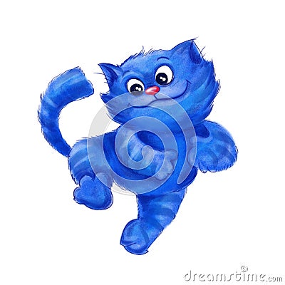 Digital cartoon handdrawing blue happy jumping cat Stock Photo