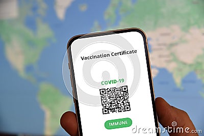 Digital certificate of vaccination against Covid-19. Stock Photo