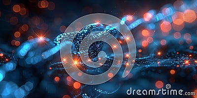 Digital chain link with glowing data points and futuristic bokeh lights Stock Photo