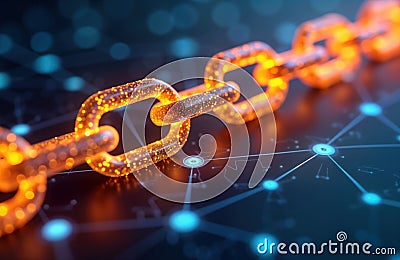 Digital chain link glows on tech network background. Secure connectivity concept for tech, crypto, finance. Futuristic symbol of Stock Photo