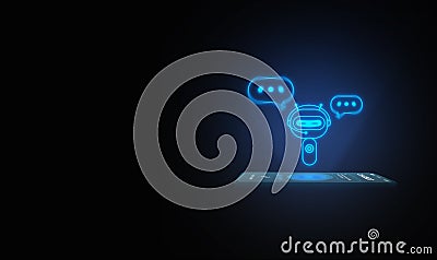 Digital chatbot, conversational agents, robot application, conversation assistant that mimic human speech. A tablet with digital Stock Photo