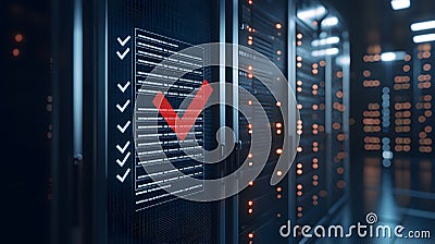 Digital Checklist with Red Checkmark Overlaying Server Racks Illustrating Completion of Tasks in a High-Tech Environment Stock Photo