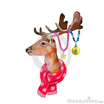 Digital christmas spotted deer portrait isolated on background. Merry Christmas symbol, Santa`s helper. Wild animal in red winter Stock Photo