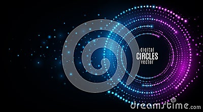 Digital circles of glowing dots. Big data visualization into cyberspace with swirl energy. Disintegration of information particles Vector Illustration