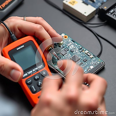 A digital circuit tester being used to diagnose faults on a smartphone circuit board Stock Photo