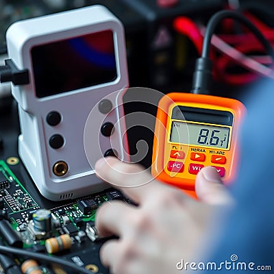 A digital circuit tester being used to diagnose faults on a smartphone circuit board Stock Photo