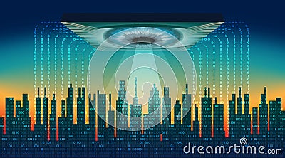 The digital city. Big brother electronic eye concept, technologies for the global surveillance, security of computers and networks Vector Illustration