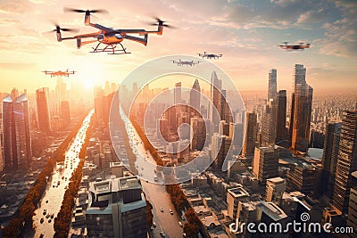 digital city, with towering skyscrapers, driverless cars and flying drones Stock Photo