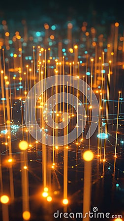 Digital cityscape showcasing smart buildings with data streams connecting them to central AI hubs visualized as glowing nodes. Stock Photo