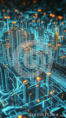 Digital cityscape showcasing smart buildings with data streams connecting them to central AI hubs visualized as glowing nodes. Stock Photo