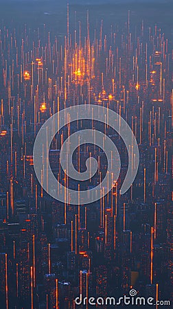 Digital cityscape showcasing smart buildings with data streams connecting them to central AI hubs visualized as glowing nodes. Stock Photo