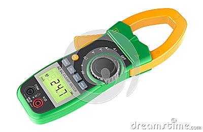 Digital Clamp Meter Multimeter, AC DC Voltage Diode Continuity Tester, LCD Display. 3D rendering Stock Photo