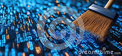 Digital cleaning process represented by broom sweeping through binary code and data streams, copy space for text Stock Photo