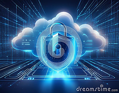 Digital Clock Cloud Computing with Secure Data Transfer, Cybersecurity, and Advanced Network Technology Stock Photo