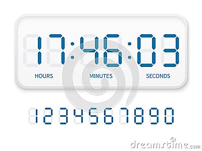 Digital clock numbers. Flat electron watch screen modern white alarm time display, timer bar font with hours, minutes Vector Illustration