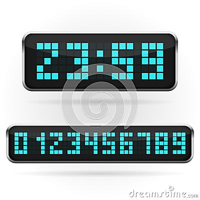 Digital clock and numbers set. Electronic alarm icon. Letters and numbers for a electronic devices. Vector Illustration