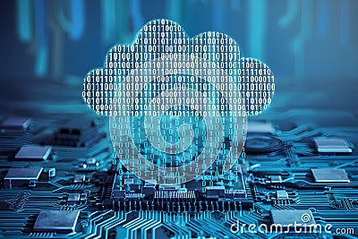 Digital cloud of binary digits over complex circuitry, data transfer theme Stock Photo