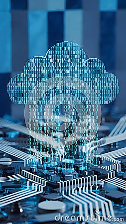 Digital cloud of binary digits over complex circuitry, data transfer theme Stock Photo