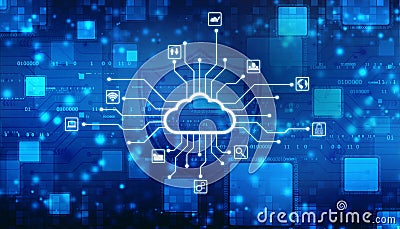 Digital Cloud computing Concept background. Cyber technology, internet data storage, database and mobile server concept Cartoon Illustration