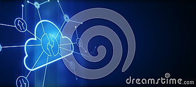 Digital cloud hologram with lines and arrows on dark background with copyspace for your text or logo, cloud transfer data concept Stock Photo