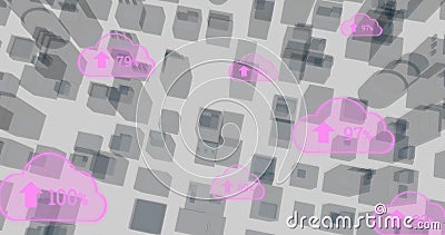 Digital cloud icons overlaying cityscape, representing data upload and connectivity Stock Photo