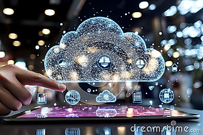 Digital Cloud Network Data Access on Tablet Screen Stock Photo
