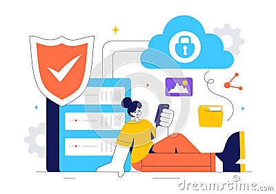 Digital Cloud Security Vector Illustration of Safety and Data Protection for Network, Internet, Hosting, and Backup Servers Vector Illustration
