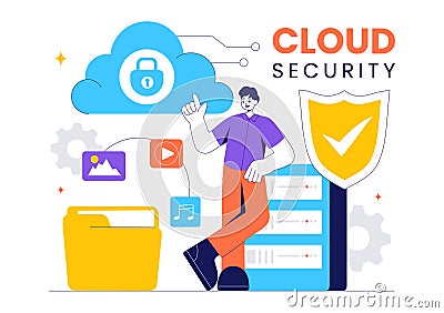 Digital Cloud Security Vector Illustration of Safety and Data Protection for Network, Internet, Hosting, and Backup Servers Vector Illustration
