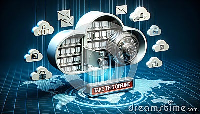 Digital cloud storage system files and folders flying around. As users access information a secure vault door appears with the Stock Photo
