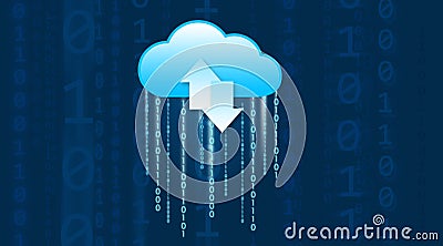 Digital cloud with two arrows and binary code 1 and 0 pouring from the cloud. Stock Photo